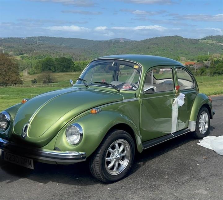 Coche de novios con el paisaje gallego de fondo